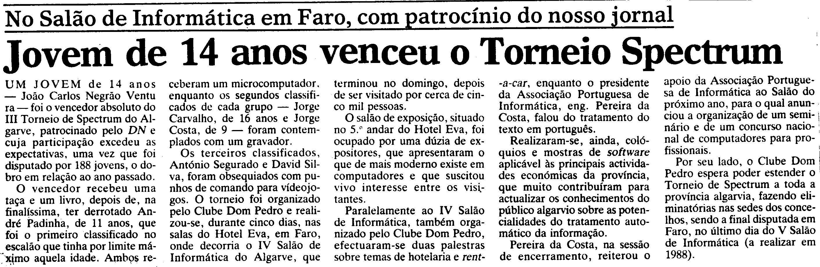 Jovem de 14 anos venceu o Torneio Spectrum - Diário de Notícias, 1 de Dezembro de 1987